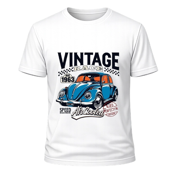 Vintage Mavi Vosvos Baskılı Beyaz Oversize Tişört