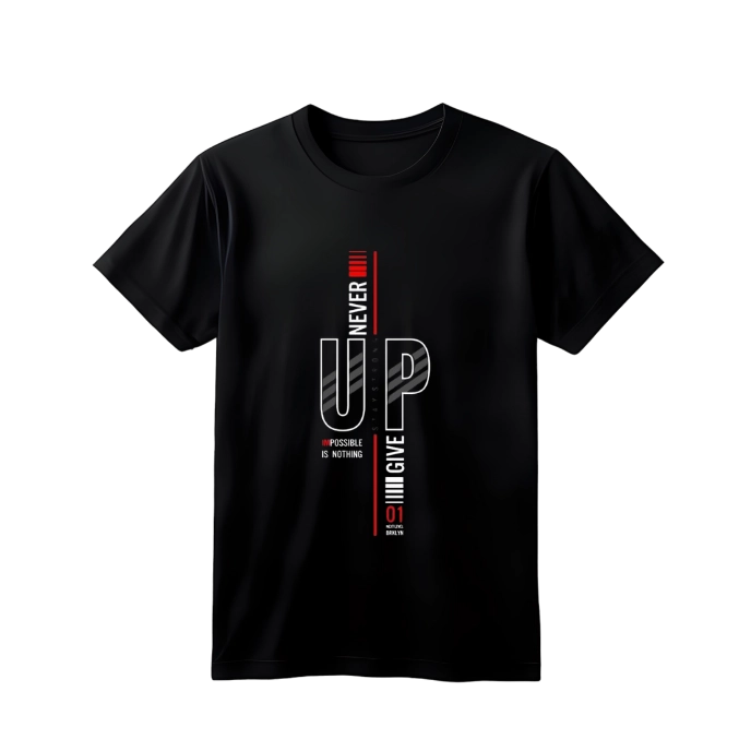 Never Give Up 01 Baskılı Siyah Oversize Tişört