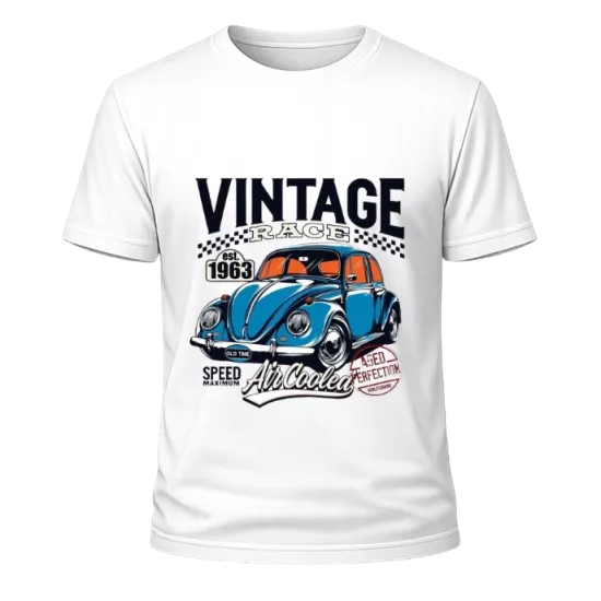 Vintage Mavi Vosvos Baskılı Beyaz Oversize Tişört
